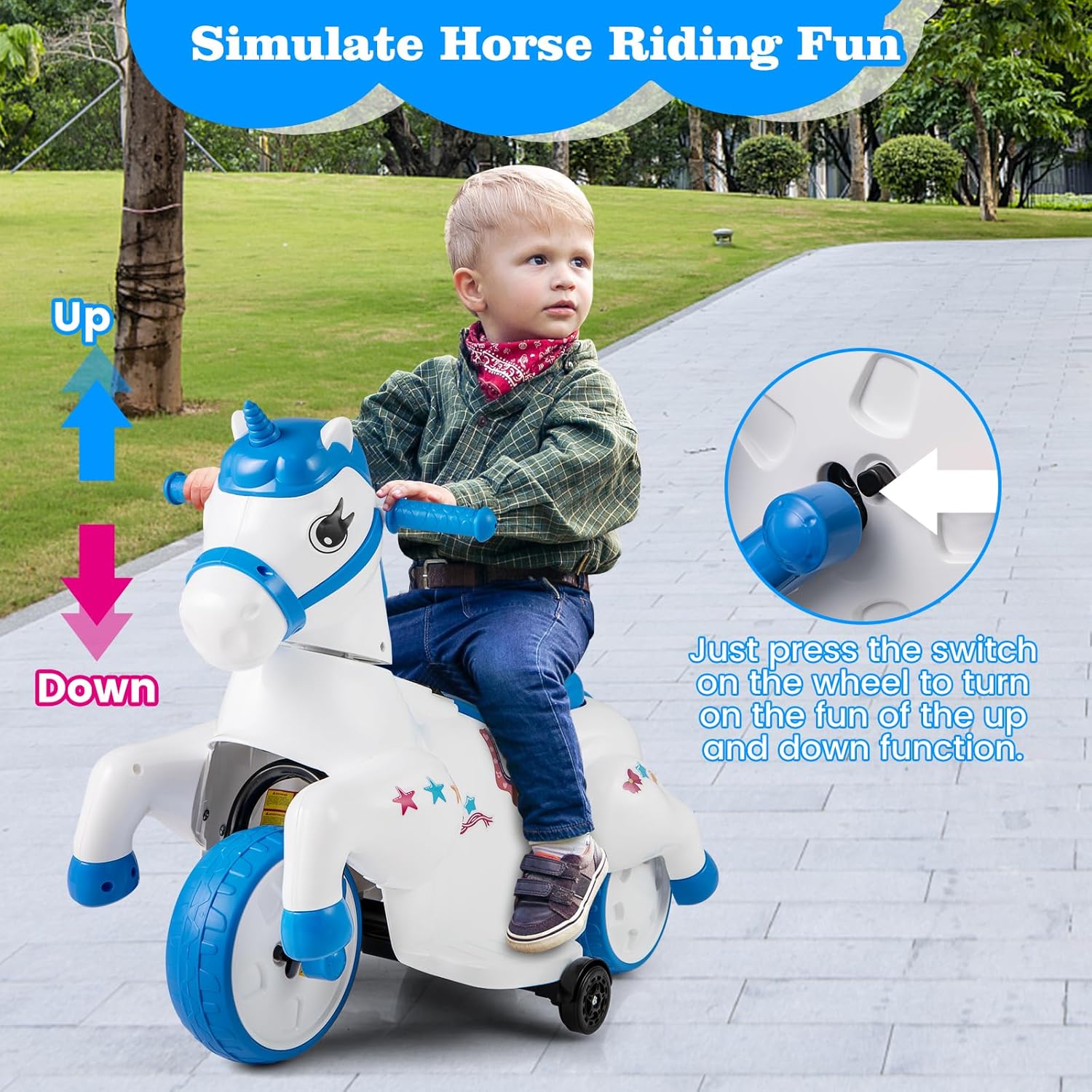 OLAKIDS 2 in 1 Ride on Motorcycle and Horse, Unicorn 6V Battery Powered Ride on Toy with Up & Down Function, MP3, Power Display, Training Wheels, Kids Electric Vehicle Aged 3-6 Years