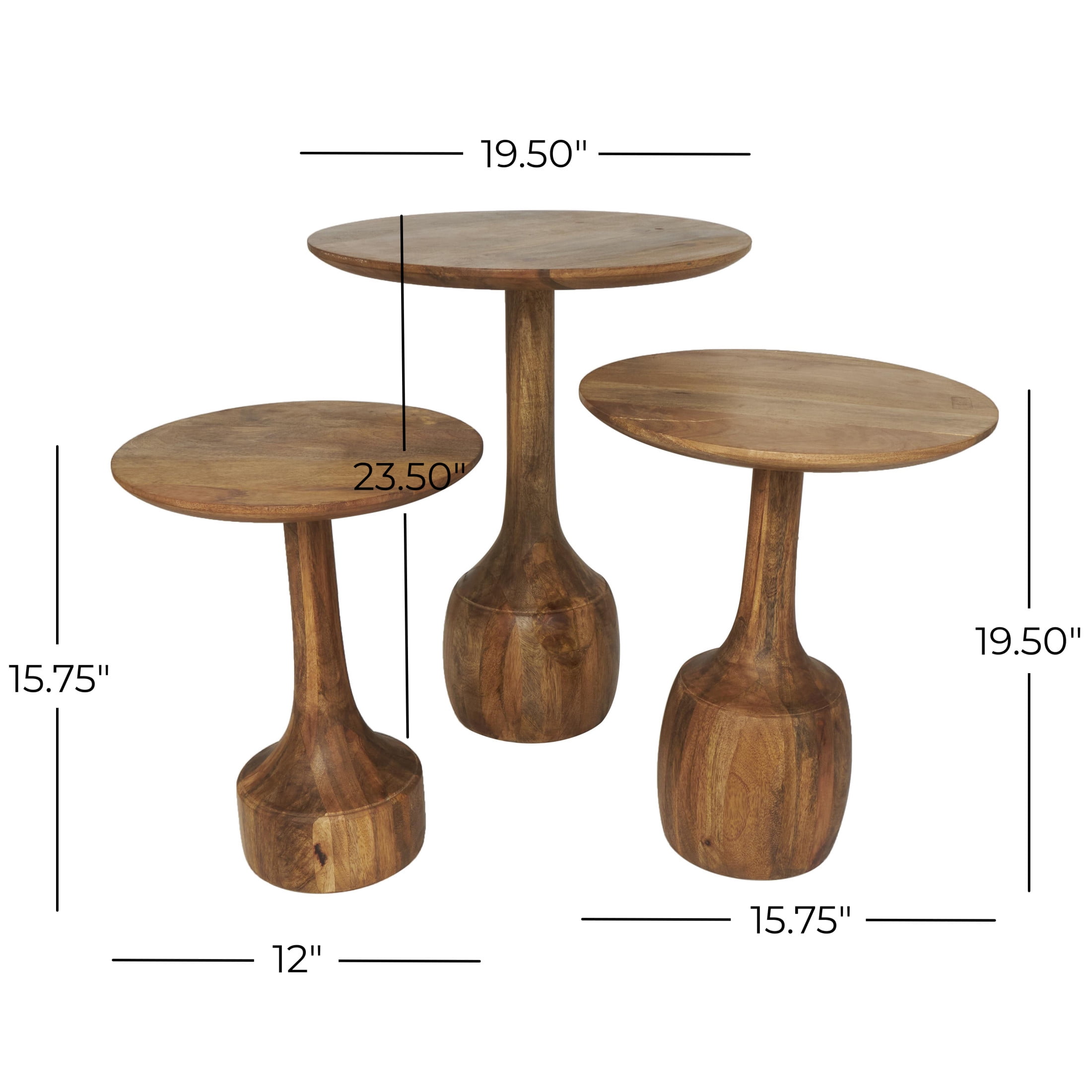 DecMode 12" x 16" Brown Mango Wood Handmade Accent Table with Elevated Bases, 3-Pieces