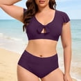 thumbnail image 2 of JIAYUE Women Swimsuit Sets Ruffle Sleeve Scoop Neck Solid Color Two Piece High Waisted Bikini With Backless Tankini Top And Boy Shorts Bottoms Stylish Female Swimwear, 2 of 4