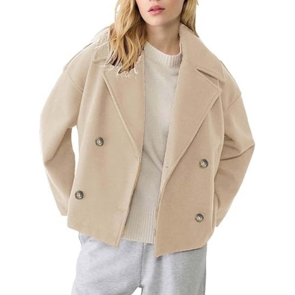 Yigetop Abrigos De Mujer Elegantes Womens Cropped Coat Long Sleeve Notched Lapel Trench Overcoat Fall Winter Casual Business Wool Blend Coat Womens Pea Coat Beige L