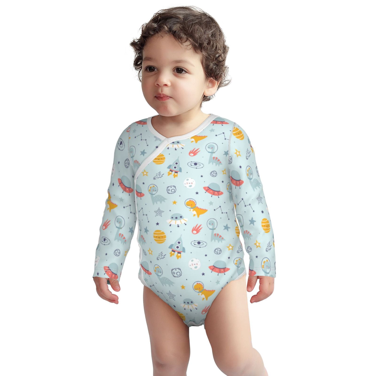 Xecao Space With Dino Astronauts Print Baby unisex-baby Cotton Long-sleeve Bodysuits-2 Years