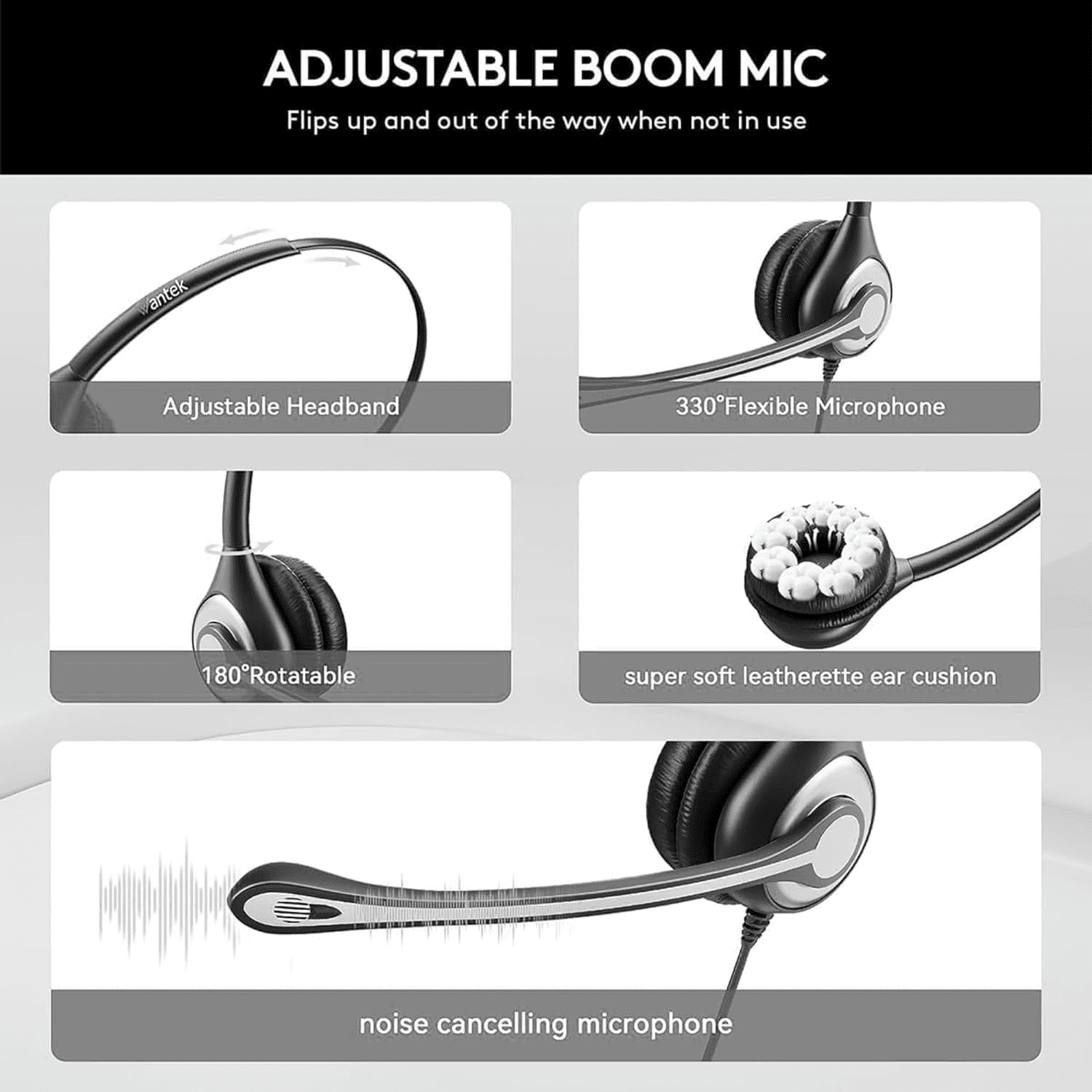 Wantek Wired USB Headset with Microphone for PC,Laptop,3.5mm/USB/Type-C Jack 3-in-1 Computer Headset with Noise Cancelling & Audio Controls,USB Headphones for Call Center,Work,Office,Mono