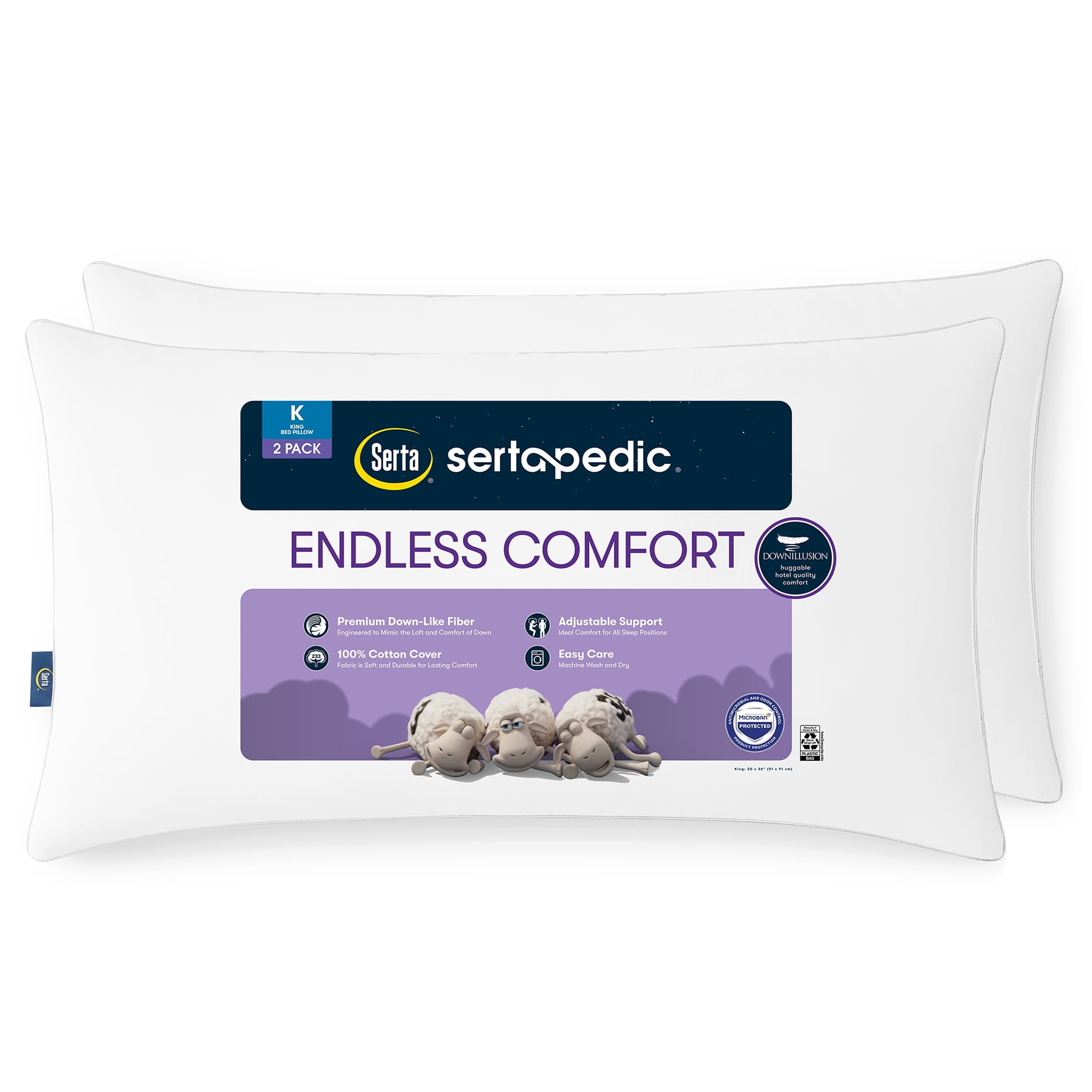 Sertapedic Endless Comfort Bed Pillow, King, 2 Pack