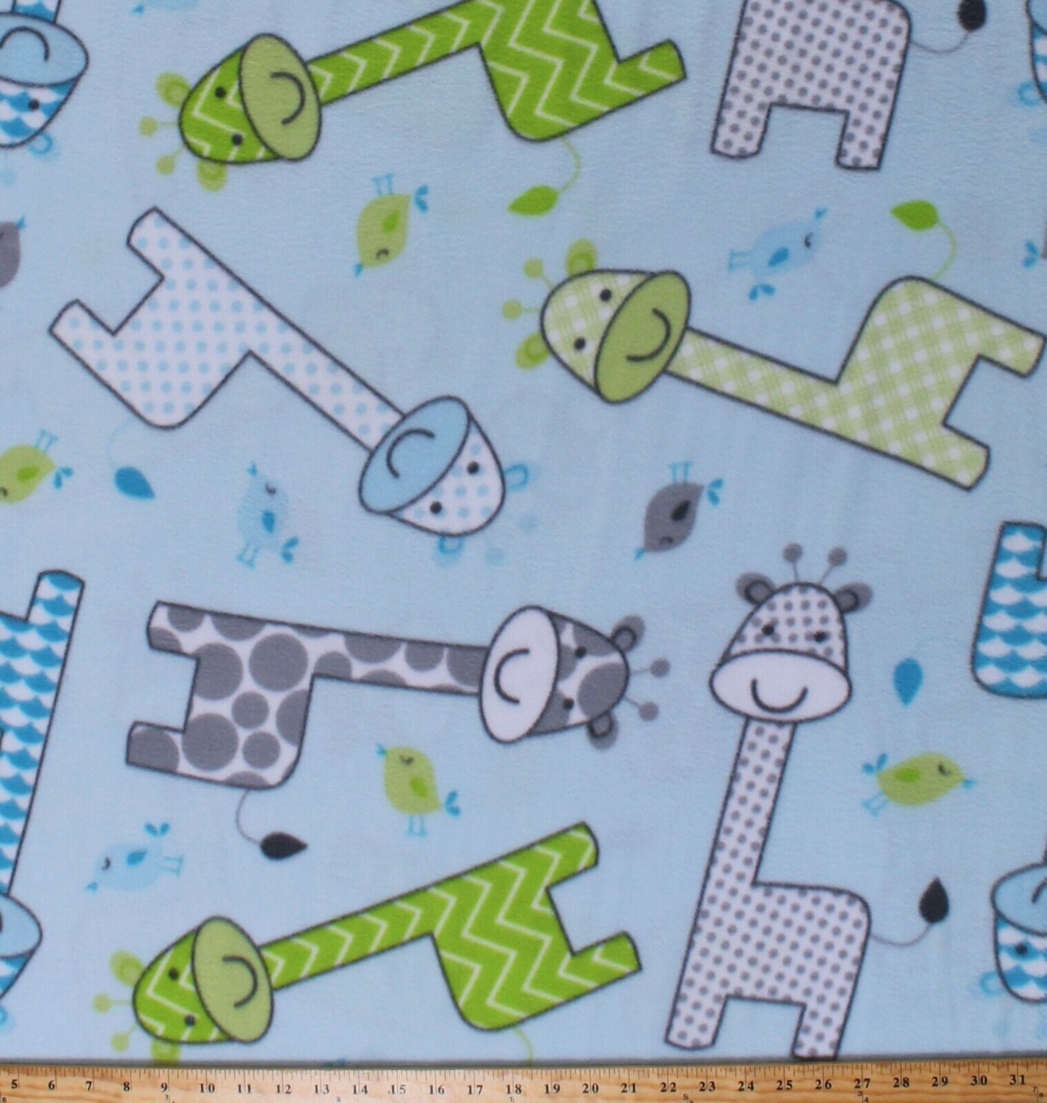 Fleece Giraffes Birds Cute Animals Kids Baby Giraffe Blue Fleece Fabric