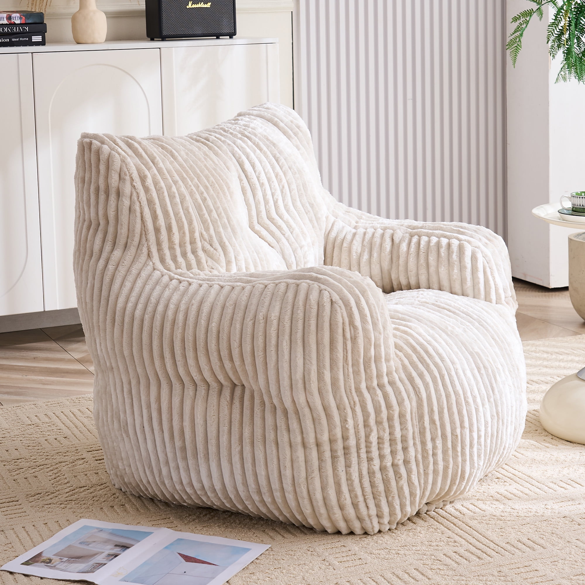 Bean Bag Chair with Filling BeanBag for Adults with Armrest Comfy Corduroy Fabric Lounge Lazy Floor Chair with Memory Foam Filler Fluffy Bean Bag for Dorm Living Room Bedroom Beige