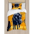 thumbnail image 1 of Razorback Duvet Cover Set Twin Size, Strong Wild Hog Boar with Tropical Leaves, Decorative 2 Piece Bedding Set with 1 Pillow Sham, Orange Dark Violet Blue Blue Grey and Mustard, by Ambesonne, 1 of 3