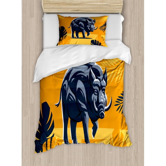Razorback Duvet Cover Set Twin Size, Strong Wild Hog Boar with Tropical Leaves, Decorative 2 Piece Bedding Set with 1 Pillow Sham, Orange Dark Violet Blue Blue Grey and Mustard, by Ambesonne