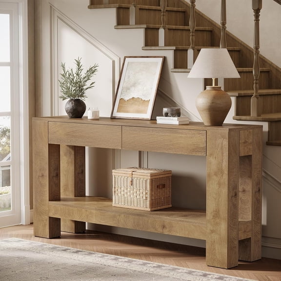 Tribesigns 63" Farmhouse Console Table with 2 Drawers, Rustic Entryway Table with Storage Shelf for Living Room, Hallway, Entrance (Light Brown)
