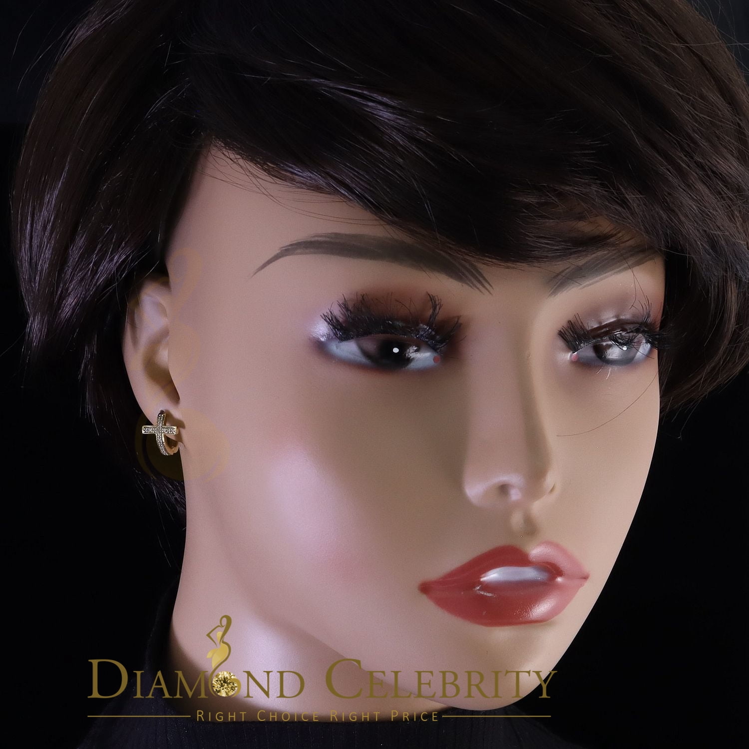 Diamond Celebrity's 0.15ct Diamond 925 Sterling Silver Yellow Hoop Stud cross Earring For Men /Women