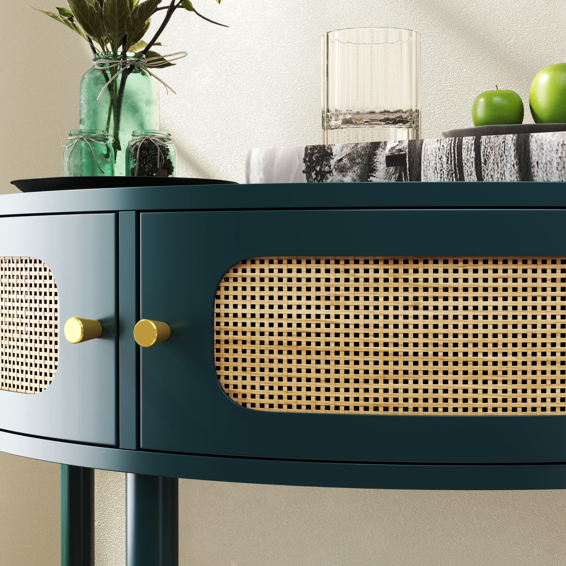 Noble House 31.5" Unique Half-Moon Entry Console, Rattan Doors with Bottom Shelf, Boho End Table, Hallway, Antique Green