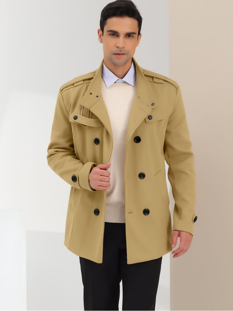 Unique Bargains Men's Winter Coat Stand Collar Double Breasted Pea