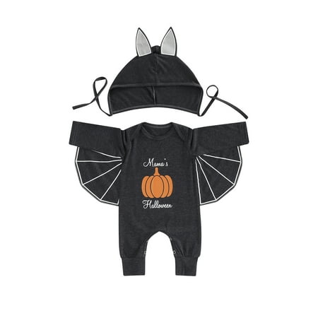 

Binpure Baby Girls Boys Halloween Romper Infant Pumpkin Letter Print Round Neck Long Sleeve Bat Jumpsuits with Ears Hat