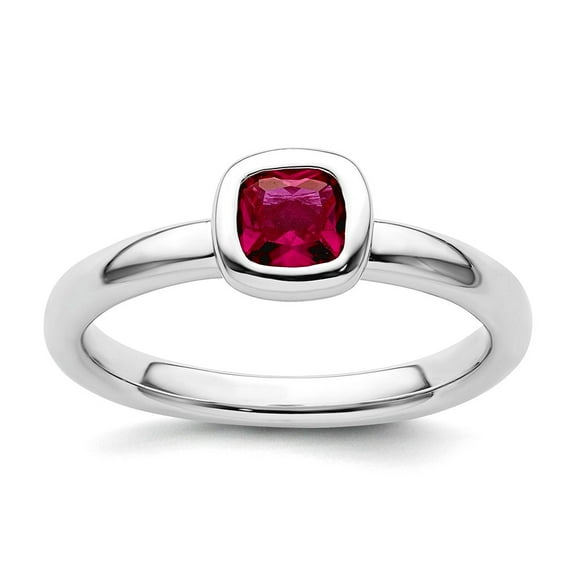 925 Sterling Silver Bezel Polished Stackable Cushion Cut Created Ruby Ring Size 7 Stackable Ring for Women