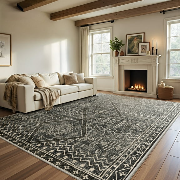 CHITOOMA 8'x10' Area Rugs for Living Room, Washable Boho Moroccan Rug Soft Vintage Distressed Geometric Tribal Area Rug for Bedroom Dining Room Office with Non-Slip Backing, Stain Resistant Non-Shed