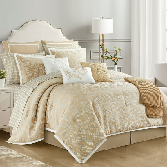 Lanco Taupe Paisley Queen Size Comforter Sets , Jacquard Bedding Sets & Collections, 14 Piece Bed-In-A-Bag, 1 Flat Sheet, 1 Fitted Sheet
