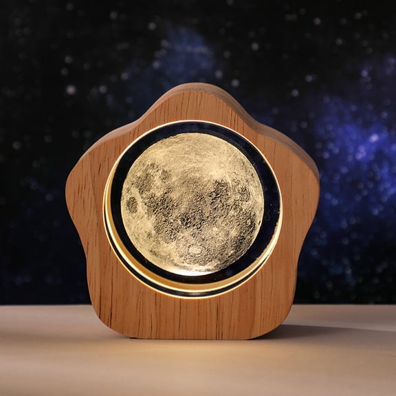 Moon Crystal Ball with Wooden Light Base, 3D Laser Etched Glass Sphere Decorative Balls Paperweight Gift(60mm)