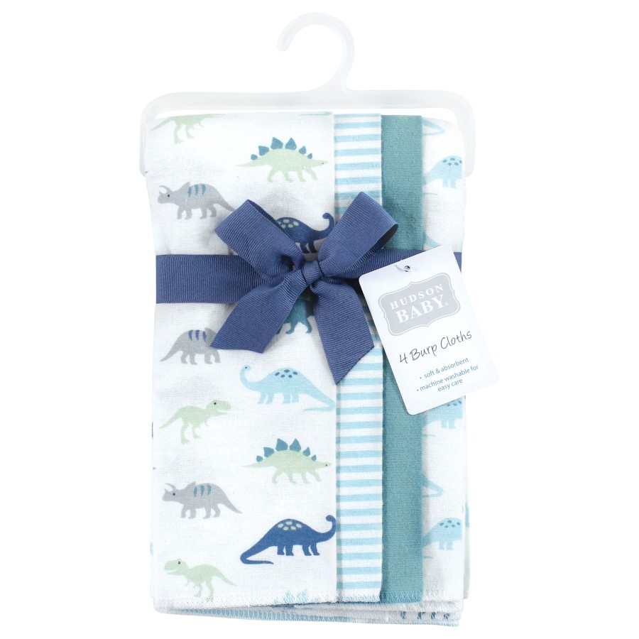 Hudson Baby Unisex Baby Cotton Poly Flannel Burp Cloths, Soft Teal Dino 4 Pack, One Size