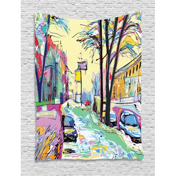 Fine Art Tapestry, Contemporary Style Urban View in Murky Vibrant Colors Digital Paint Grunge Image, Wall Hanging for Bedroom Living Room Dorm Decor, 40W X 60L Inches, Multicolor, by Ambesonne