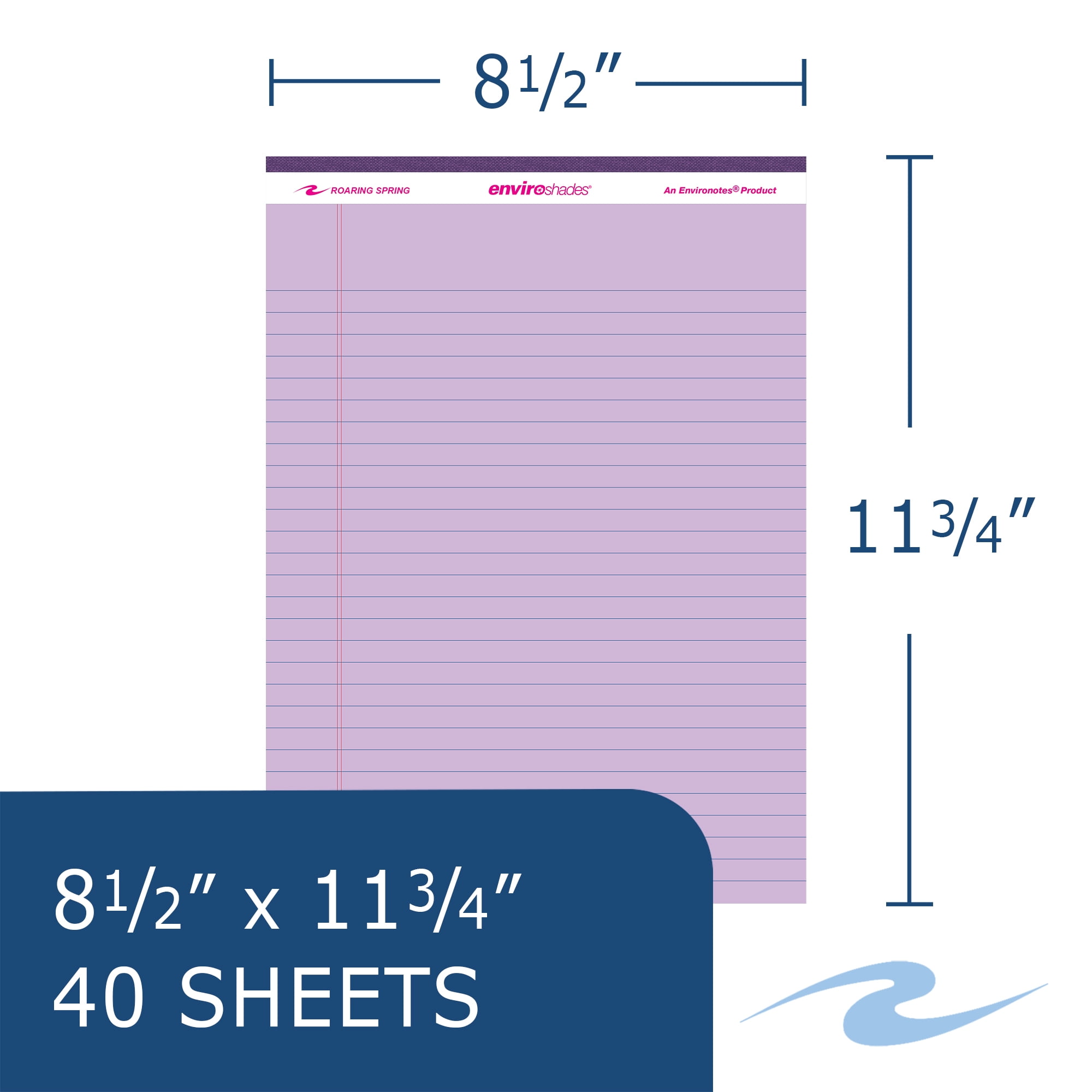 Roaring Spring Enviroshades Recycled Colored Legal Pads, Case of 54, 8.5" x 11.75", 40 Perforated Sheets, 15# Pastel Paper, Orchid/Purple, Blue, Green