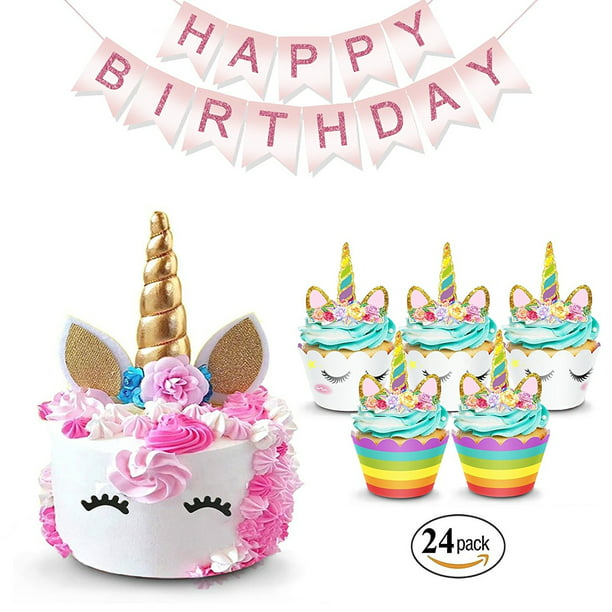 unicorn cake topper rainbow cupcake wrappers kit set includes horn