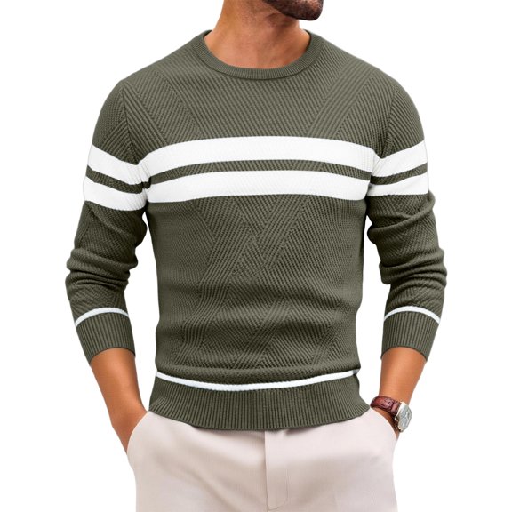 Men's Crew Neck Knit Sweater Long Sleeve Striped Pullover Casual Polyester Top