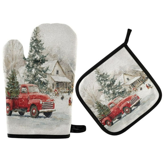 2 PCS Oven Baking Gloves Set Heat Resistant Oven Mitt & Pot Holder Set Cooking Mitts Kitchen Home Supplies Truck with Christmas Decorations