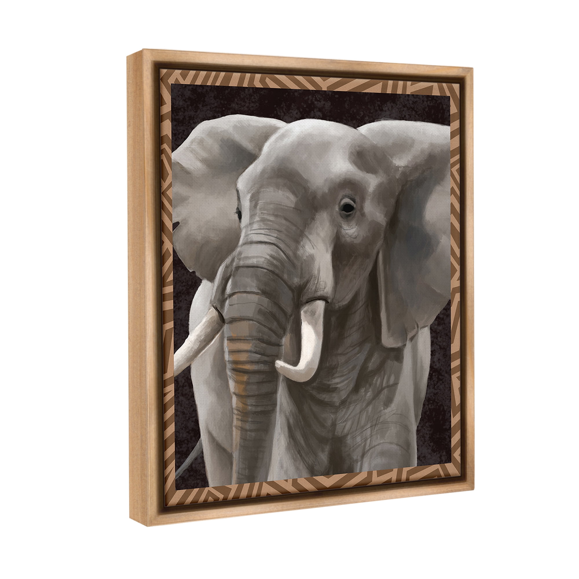 Stupell Industries Elephant with Geometric Border Animals & Insects Painting Brown Floater Framed Canvas Art Print Wall Art, 25 x 31