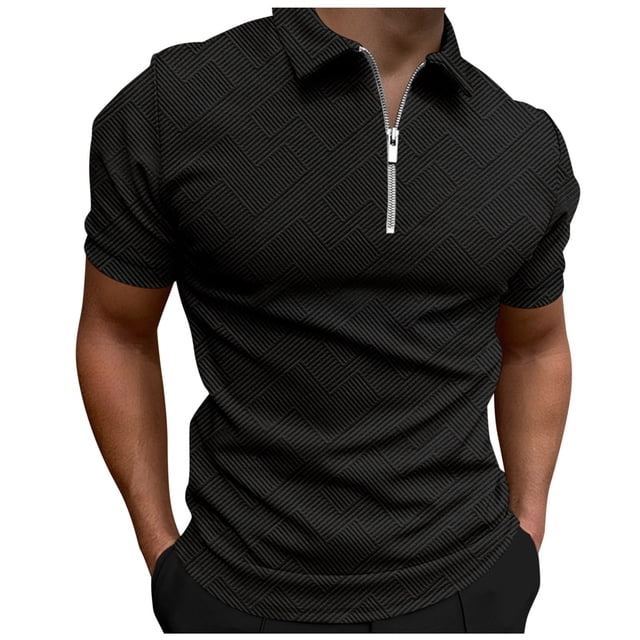 Men's Shirts - Classic Jacquard Short Sleeve Top with Geometric Print Solid Color Lapel Zip Closure for Spring and Summer