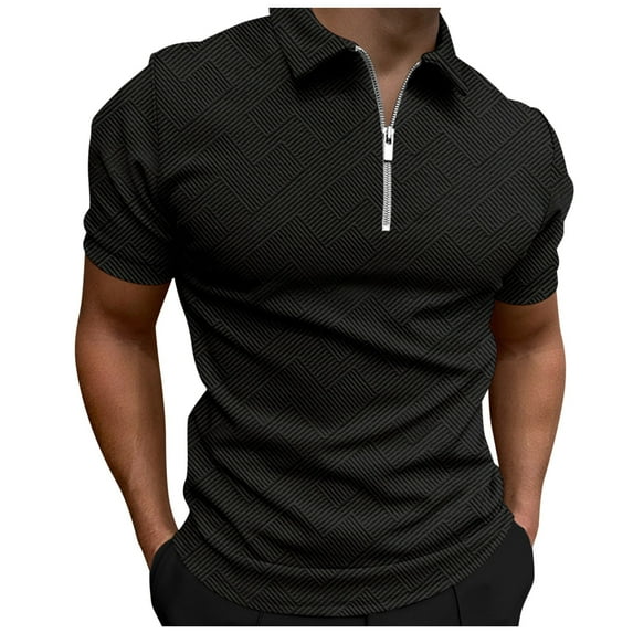 ZRBYWB Mens Shirts Male Spring Summer Cotton Jacquard Short Sleeve Top Solid Color Geometric Print Lapel Zipper Top Mens Polo Shirts