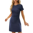thumbnail image 3 of ATOYSOY Women's Round Neck Mini Loose Dress Pleated Cotton Lined Elegant Casual Relaxed Slim Retro Short Sleeve Trendy Beach Sundress Workout Dress for Girls Blue, 3 of 5