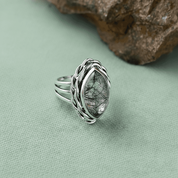 Sechi 9x18 mm Black Rutilated Quartz 925 Sterling Silver Croissant Braided Twisted Ring (9.5)