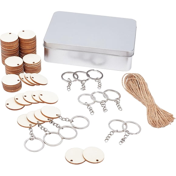 100pcs Natural Wood Slices 30mm/1.1" Unfinished Wood Sign Round Wood Discs with 100pcs 2" Metal Key Rings and 10.9 Yards(10m) 1mm Jute Twine for DIY Crafts Christmas Decorations Ornaments