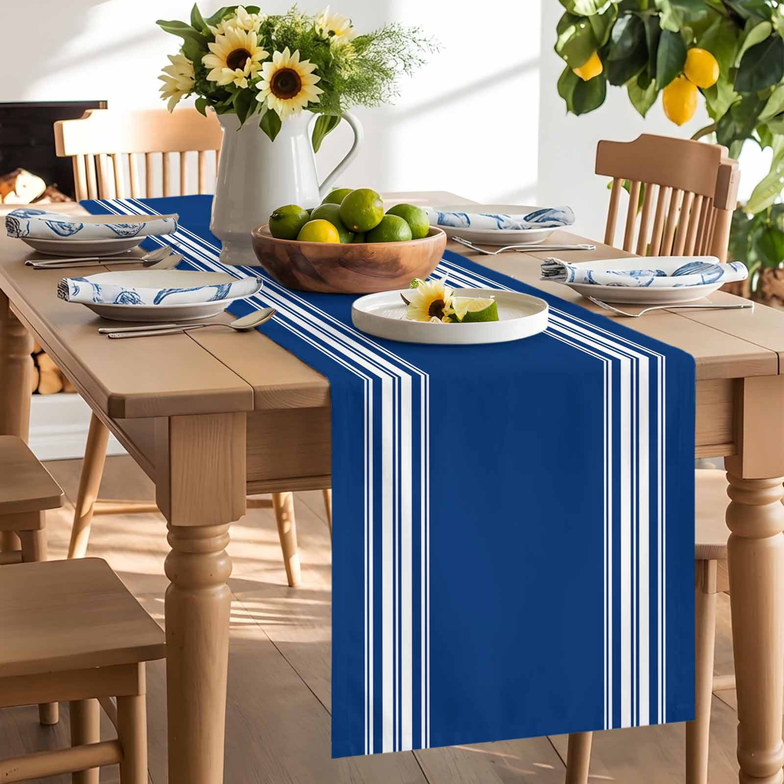 Nautical Navy Blue White Stripes Table Runner 90 Inches Long, Country Farmhouse Style Table Runners Tabletop Scarf Kitchen Dining Tables Decoration for Home Party Indoor Outdoor