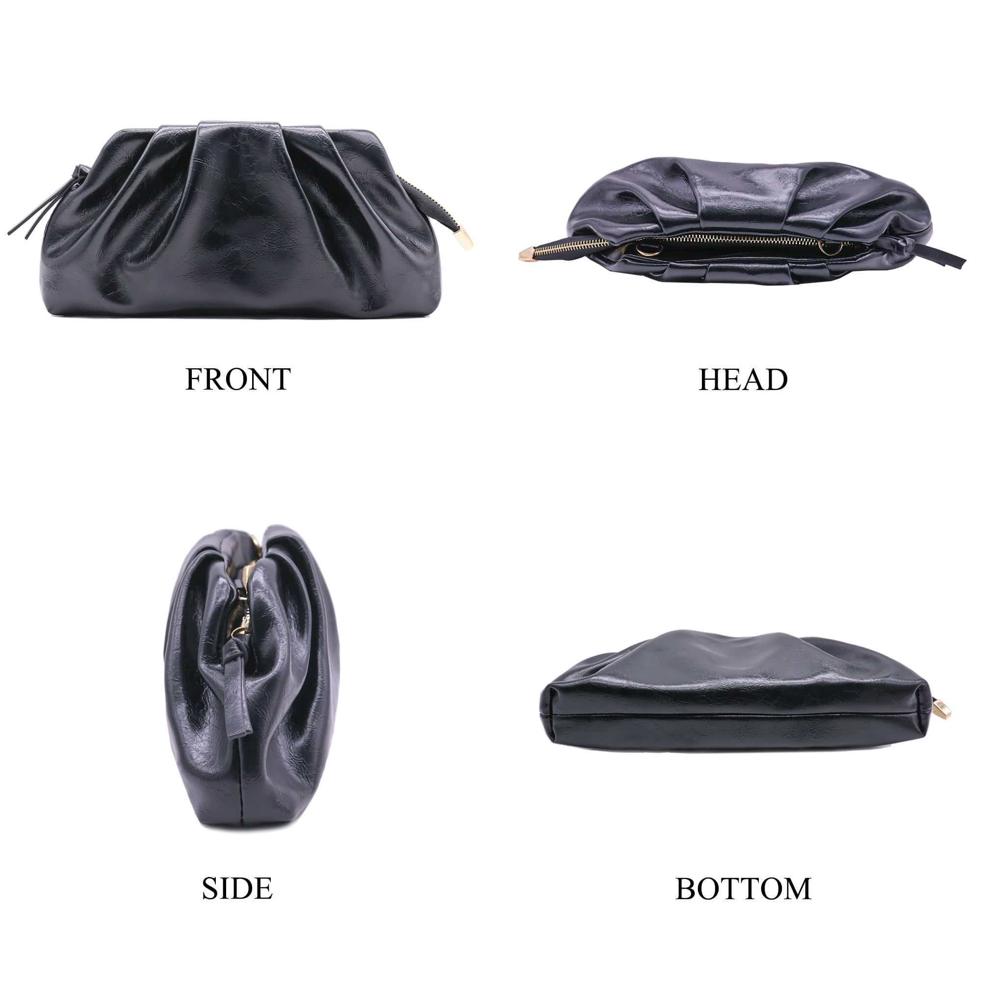 Milisente Womens Pleated Cloud Clutch Bag Shiny PU Leather Evening Purse Detachable Shoulder Strap For Wedding Prom Party(Black)