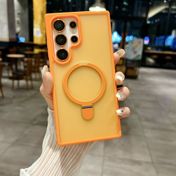 Design for Samsung Galaxy S25 Case, Translucent with Stand [Camera Lens Protector] [Compatible with MagSafe] Anti-Scratch Non-Yellowing Slim Magnetic Ring Holder Case for Samsung Galaxy S25, Orange