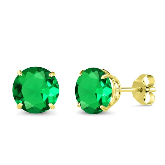 Gem Stone King 10K Yellow Gold Green Nano Emerald Stud Earrings for Women Men (2.44 Cttw, Gemstone May Birthstone, Round 7MM)