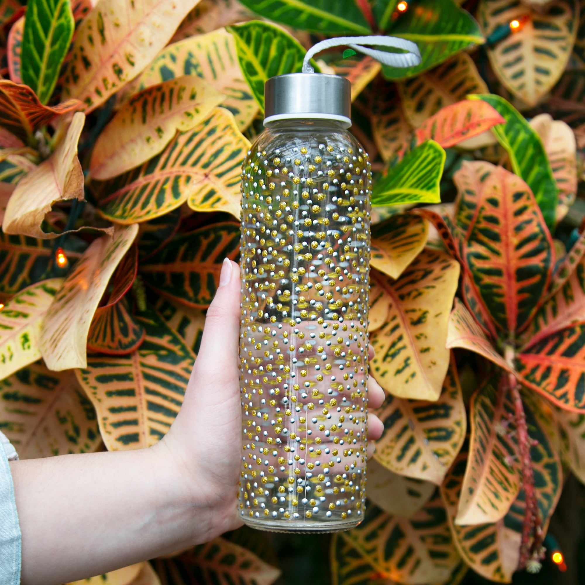 Gold & Silver Dots - 16.5 oz Hand Decorated Glass Water Bottle