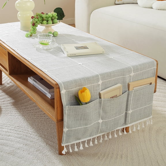 Plaid Tablecloth with Pocket and Tassels Rectangle Coffee Table Covers Fridge Top Dust Cover