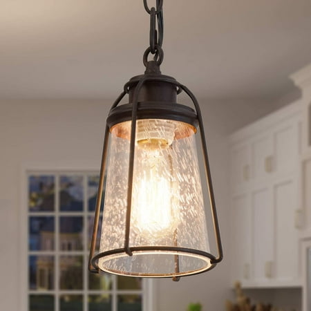 

MANXING Farmhouse Pendant Lighting Mini Rustic Hanging Light Fixture with Seeded Glass Shade for Kitchen Island Foyer Hallway Bedroom and Entryway Bronze