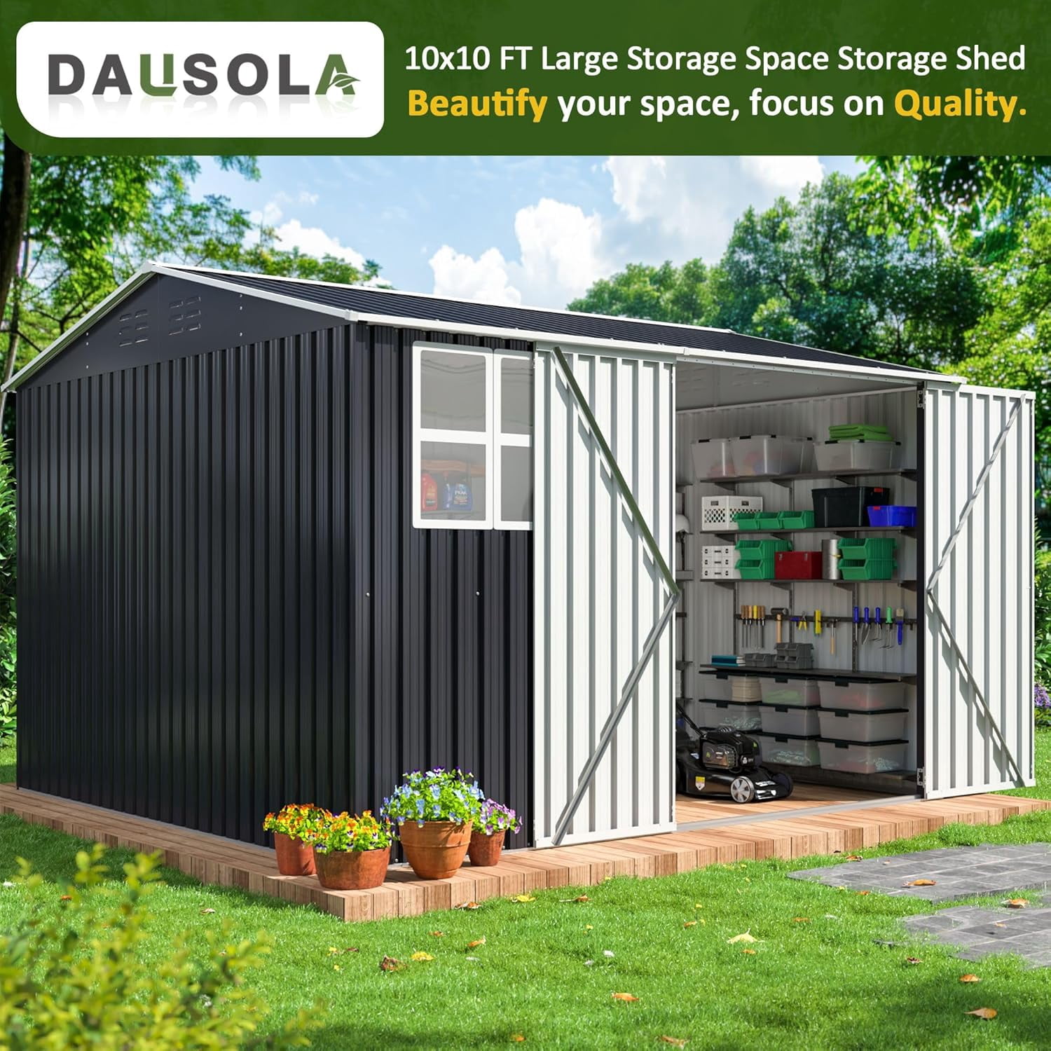 10x10 FT Outdoor Storage Shed, Metal Garden Tool Shed with Updated Frame Structure, Lockable Doors and Windows, Ideal for Backyard Garden Patio Lawn