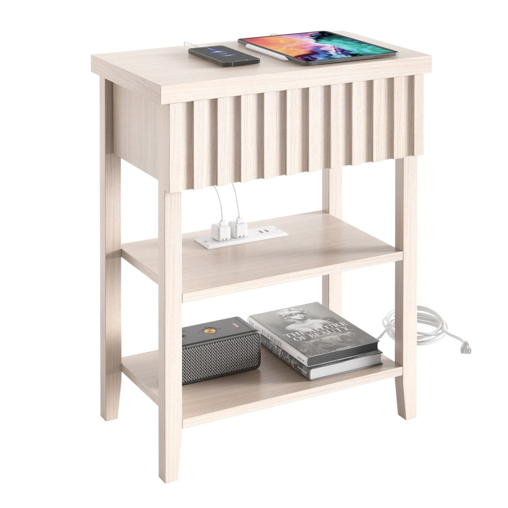 Fluted Nightstand with Charging Station, 2 USB Ports & 2 AC Outlets, Farmhouse Bedside Table with Drawer & 2 Open Shelves, Beige