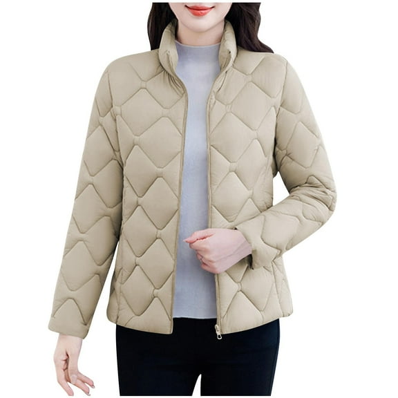 Bixock Winter Women Quilted Jackers,Fleece Puffer Jackets for Women,Women’s Warm Outerwear Jackets Solid Color Long Sleeve Zip Up Jacket Thickened Quilted No Hood Casual Outerwear Jackets