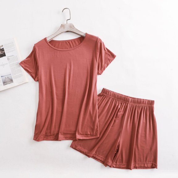 Blmnix Modal Pajamas Women Pajama Sets Sleepwear Sets 2 Piece Pjs Short Sleeve Straight-Leg Crew Neck Red Cropped Summer Pajamas for Women Set,XXL