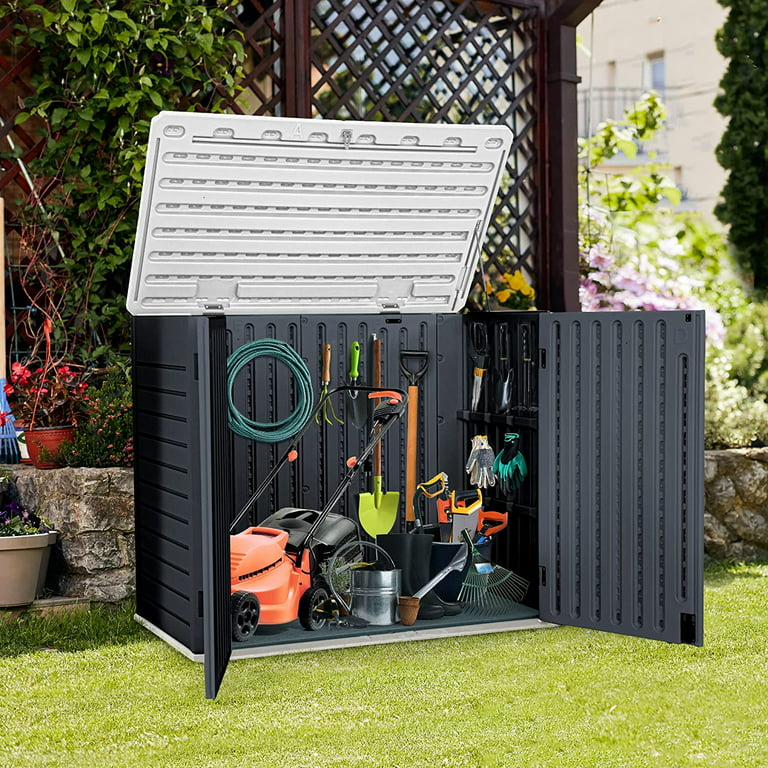DWVO Outdoor Horizontal Storage Sheds, Weather Resistant Resin Tool Shed, Multi-Opening Door for Easy Storage of Bike, Trash Cans, Garden Tools, Lawn