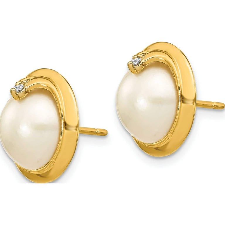 14K Yellow Gold 10-12mm Cultured Mabe Pearl & Diamond Earrings (15 X 15)  Made In China xmp90