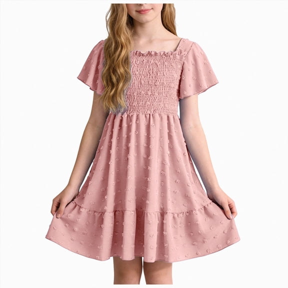Splozh Girls Party Dresses Girls Dresses Flutter Sleeve A-Line Sundress Casual Summer Tiered Swing Midi Dress 13-14 Years,Pink
