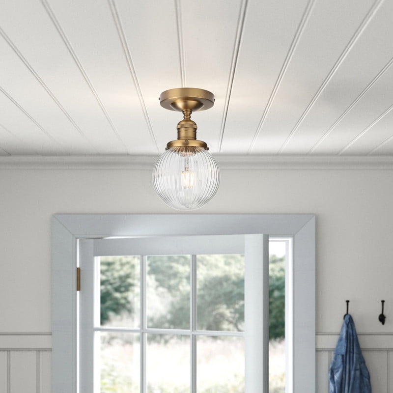 Pathson Modern Semi Flush Mount Ceiling Light Fixture with Striped Globe Glass Shade