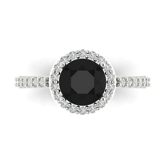 1.86 ct Round Cut Natural Onyx Halo Engagement Ring for Women in 14K White Gold