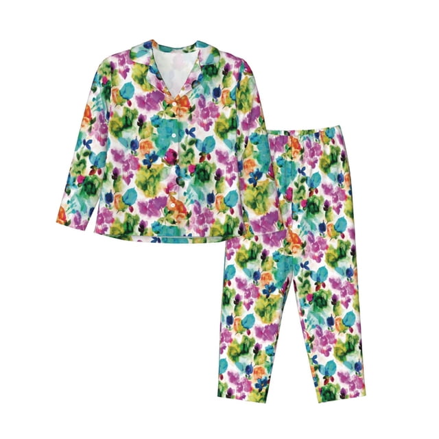 Balery Watercolor Flowers Conjunto de Pijama con Estampado para Mujer, Conjunto de Dos Piezas con Manga Larga, Ropa de Dormir Suave con Bolsillos, Pijamas Cómodos-Medium