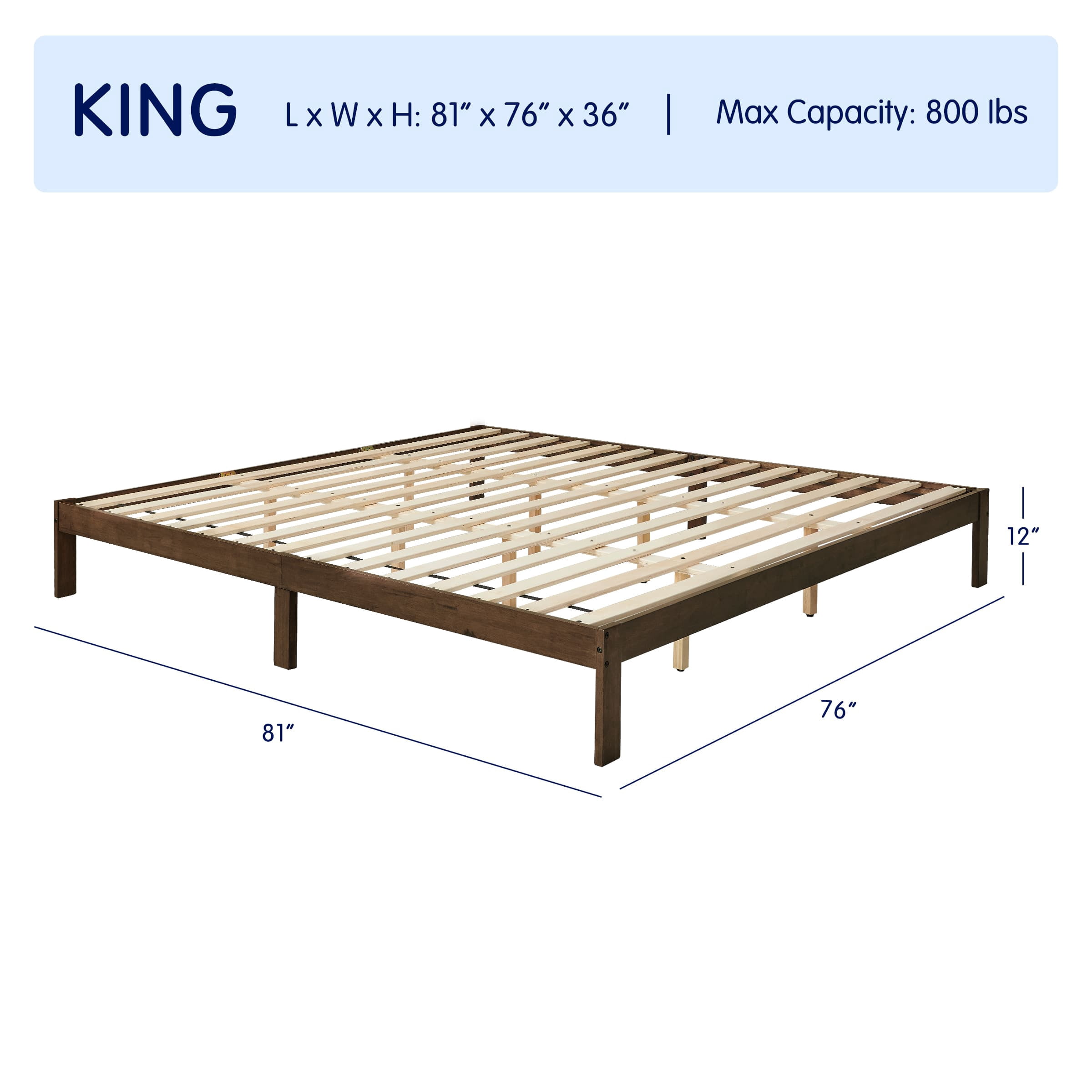 Subrtex 12" Solid Wood Platform Bed Frame with Wooden Slats, Walnut, King